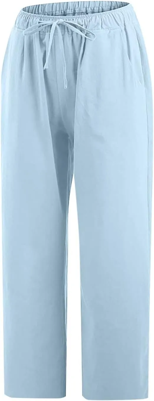 Linen Pants Women 2024 Summer Trendy Straight Leg Capri Pants Elastic Waist High Waisted Trousers with Pocket