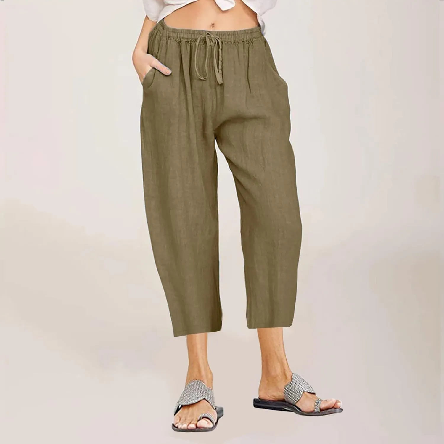 Linen Pants Women 2024 Summer Trendy Straight Leg Capri Pants Elastic Waist High Waisted Trousers with Pocket