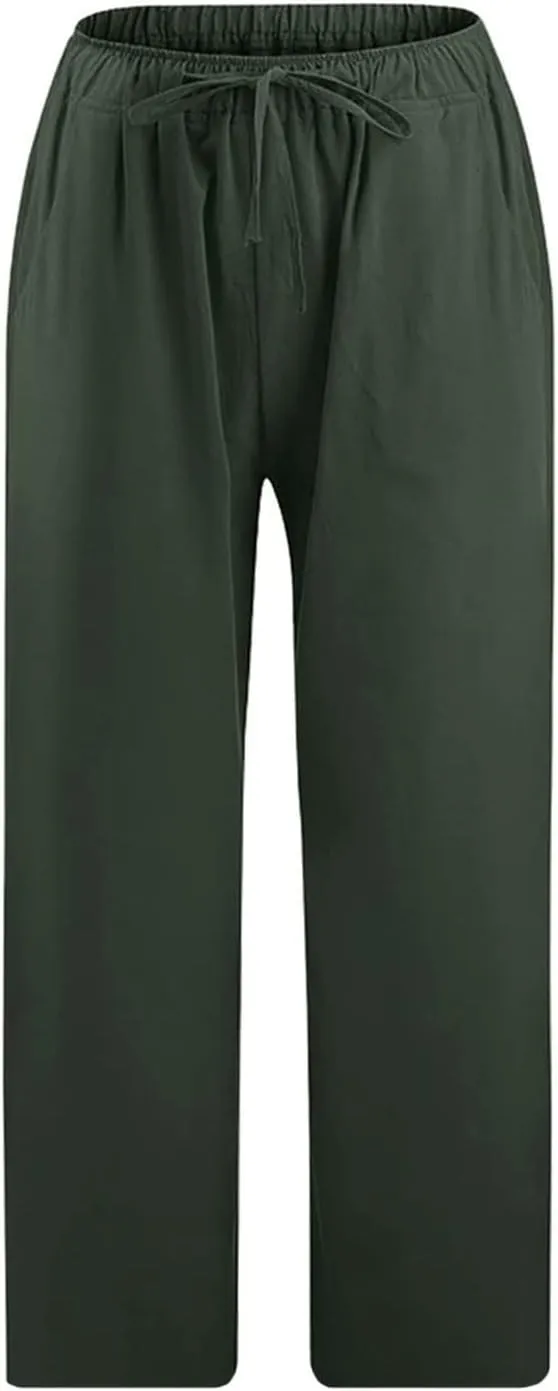Linen Pants Women 2024 Summer Trendy Straight Leg Capri Pants Elastic Waist High Waisted Trousers with Pocket