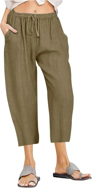 Linen Pants Women 2024 Summer Trendy Straight Leg Capri Pants Elastic Waist High Waisted Trousers with Pocket