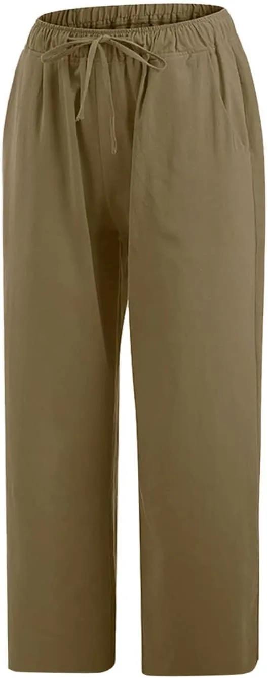 Linen Pants Women 2024 Summer Trendy Straight Leg Capri Pants Elastic Waist High Waisted Trousers with Pocket