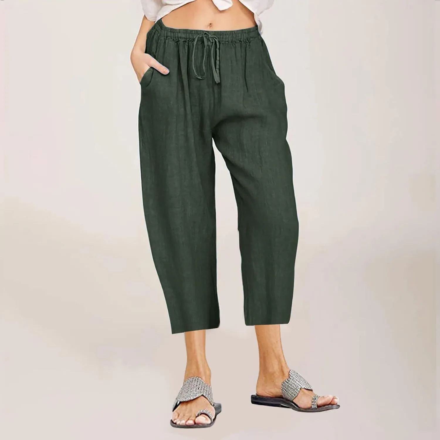 Linen Pants Women 2024 Summer Trendy Straight Leg Capri Pants Elastic Waist High Waisted Trousers with Pocket