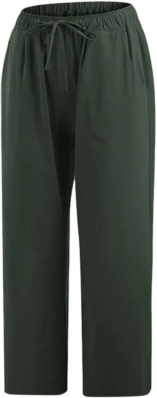 Linen Pants Women 2024 Summer Trendy Straight Leg Capri Pants Elastic Waist High Waisted Trousers with Pocket