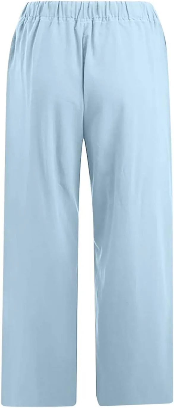 Linen Pants Women 2024 Summer Trendy Straight Leg Capri Pants Elastic Waist High Waisted Trousers with Pocket