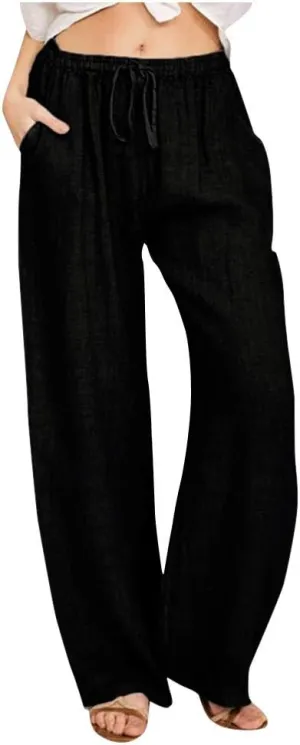 Linen Pants Women Summer 2024 Casual Drawstring Elastic Waist Cotton Long Wide Leg Pant Lounge Trousers with Pockets