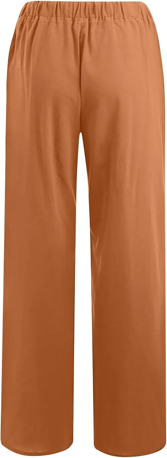 Linen Pants Women Summer 2024 Casual Drawstring Elastic Waist Cotton Long Wide Leg Pant Lounge Trousers with Pockets