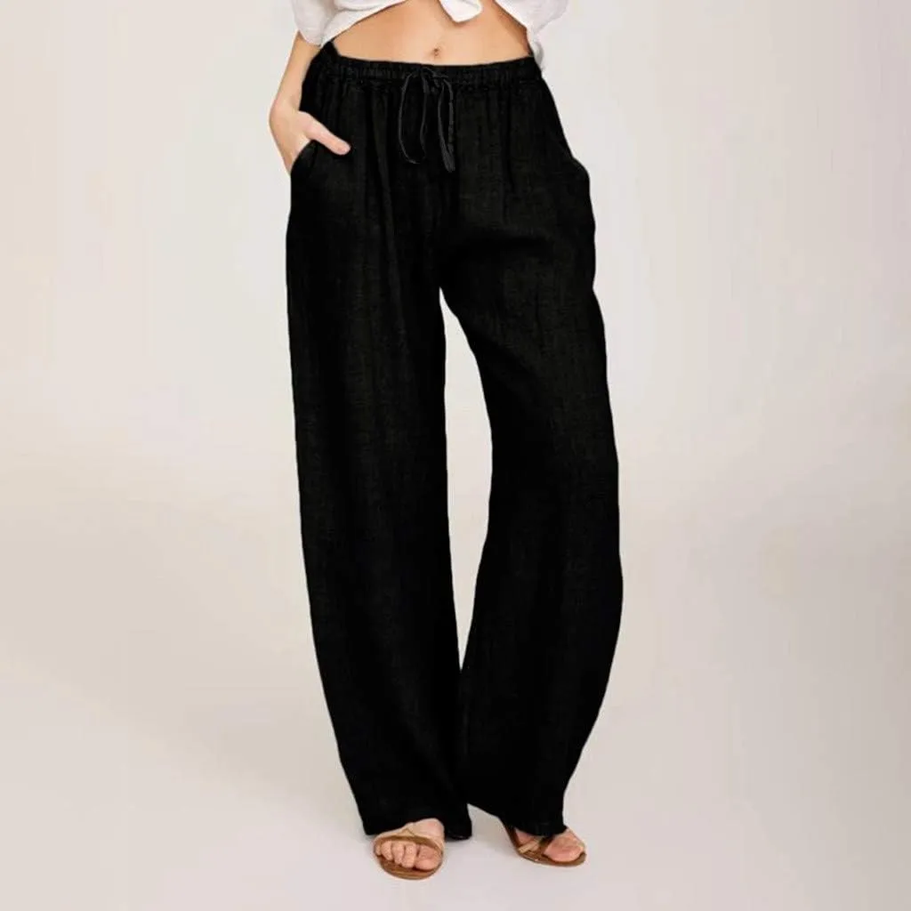 Linen Pants Women Summer 2024 Casual Drawstring Elastic Waist Cotton Long Wide Leg Pant Lounge Trousers with Pockets