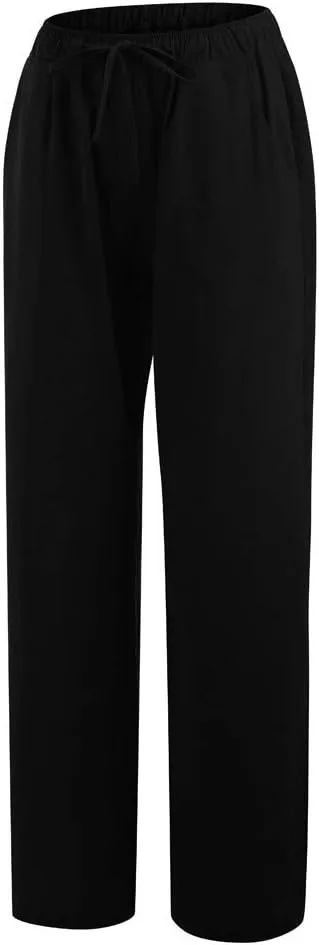 Linen Pants Women Summer 2024 Casual Drawstring Elastic Waist Cotton Long Wide Leg Pant Lounge Trousers with Pockets