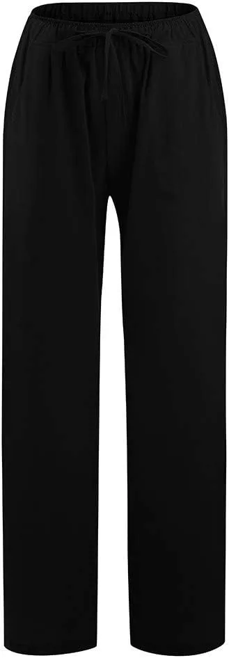 Linen Pants Women Summer 2024 Casual Drawstring Elastic Waist Cotton Long Wide Leg Pant Lounge Trousers with Pockets