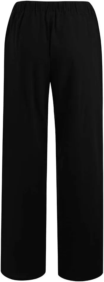 Linen Pants Women Summer 2024 Casual Drawstring Elastic Waist Cotton Long Wide Leg Pant Lounge Trousers with Pockets