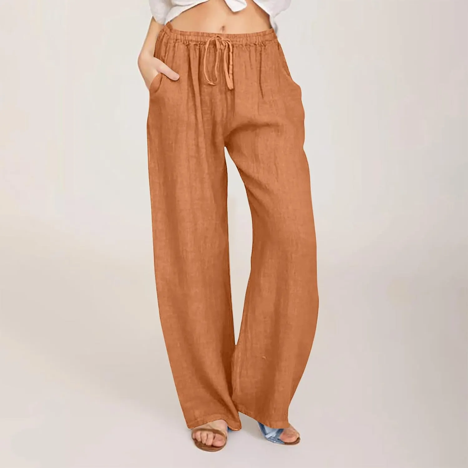 Linen Pants Women Summer 2024 Casual Drawstring Elastic Waist Cotton Long Wide Leg Pant Lounge Trousers with Pockets