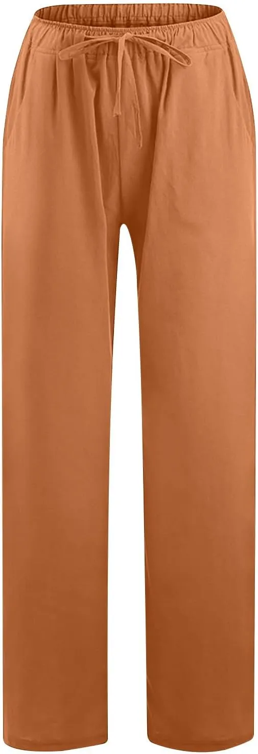 Linen Pants Women Summer 2024 Casual Drawstring Elastic Waist Cotton Long Wide Leg Pant Lounge Trousers with Pockets