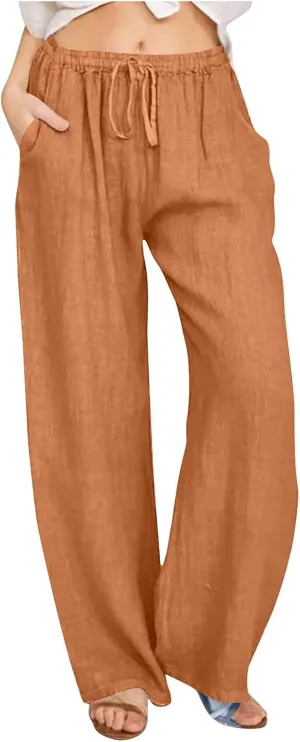 Linen Pants Women Summer 2024 Casual Drawstring Elastic Waist Cotton Long Wide Leg Pant Lounge Trousers with Pockets