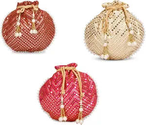 LONGING TO BUY Indian Ethnic Polti Bags For Reutrn Gift, Potli Bags for Wedding, Potli Bags For Gift (Pack of 3 Piece)