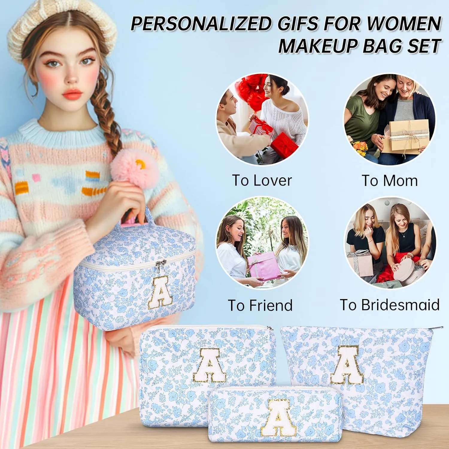 Makeup Bag, 4 Pcs Quilted Makeup Organizer Personalized Initial Gifts for Women Floral Make up Bag Cosmetic Bags Set Travel Toiletry Bag for Girlfriend Teen Girl Gifts Travel Essentials (Blue A)