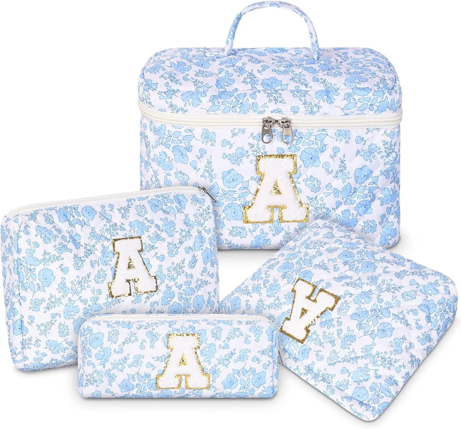 Makeup Bag, 4 Pcs Quilted Makeup Organizer Personalized Initial Gifts for Women Floral Make up Bag Cosmetic Bags Set Travel Toiletry Bag for Girlfriend Teen Girl Gifts Travel Essentials (Blue A)