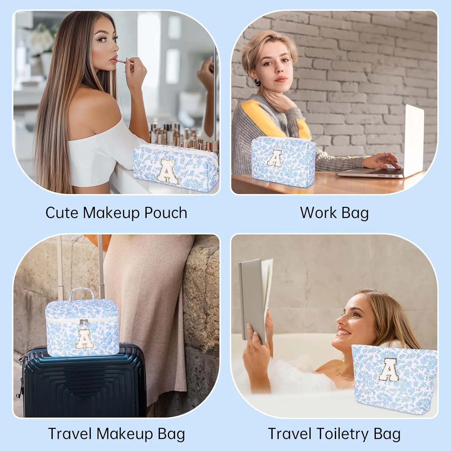 Makeup Bag, 4 Pcs Quilted Makeup Organizer Personalized Initial Gifts for Women Floral Make up Bag Cosmetic Bags Set Travel Toiletry Bag for Girlfriend Teen Girl Gifts Travel Essentials (Blue A)