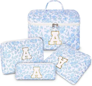 Makeup Bag, 4 Pcs Quilted Makeup Organizer Personalized Initial Gifts for Women Floral Make up Bag Cosmetic Bags Set Travel Toiletry Bag for Girlfriend Teen Girl Gifts Travel Essentials (Blue A)
