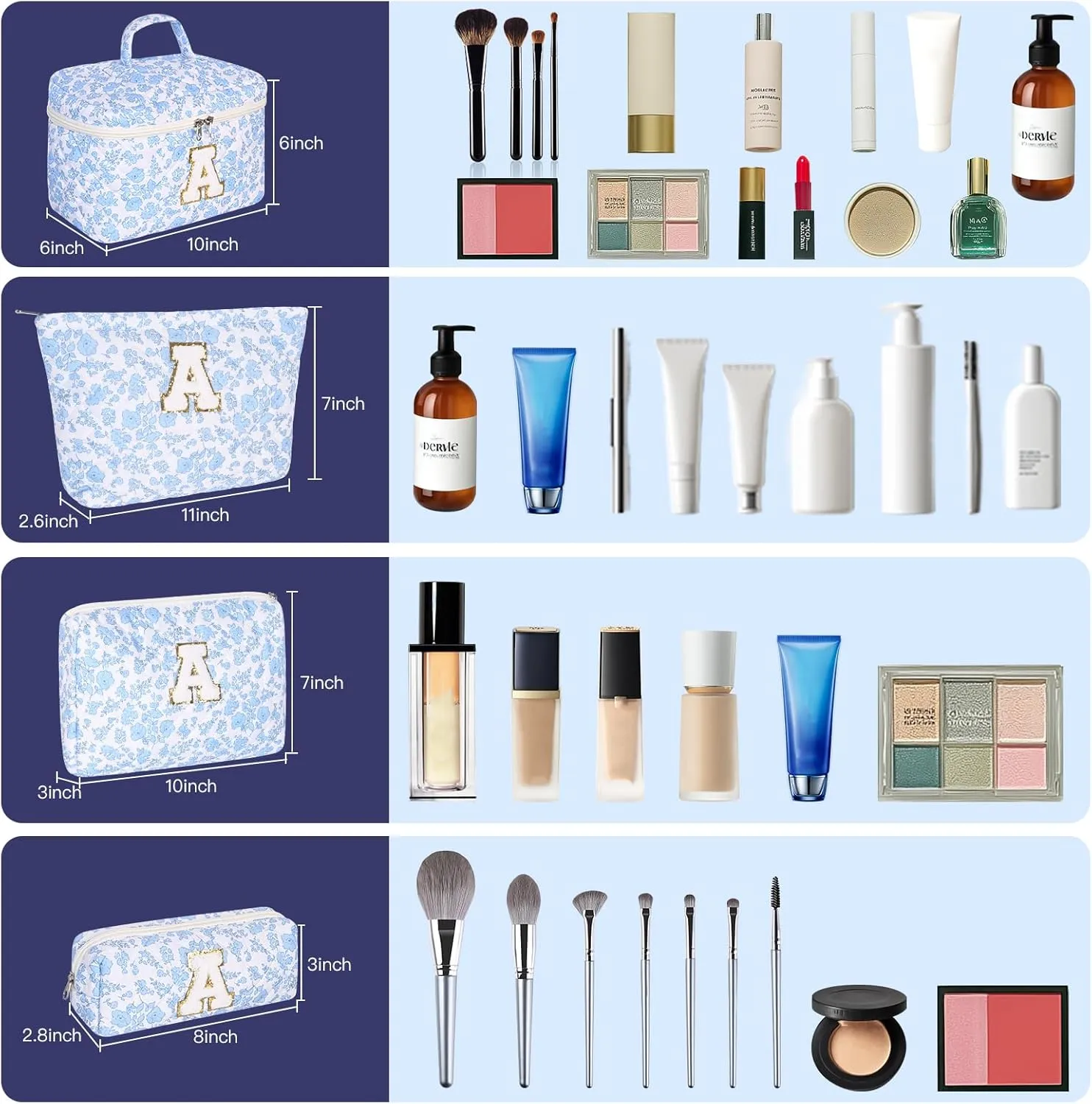 Makeup Bag, 4 Pcs Quilted Makeup Organizer Personalized Initial Gifts for Women Floral Make up Bag Cosmetic Bags Set Travel Toiletry Bag for Girlfriend Teen Girl Gifts Travel Essentials (Blue A)