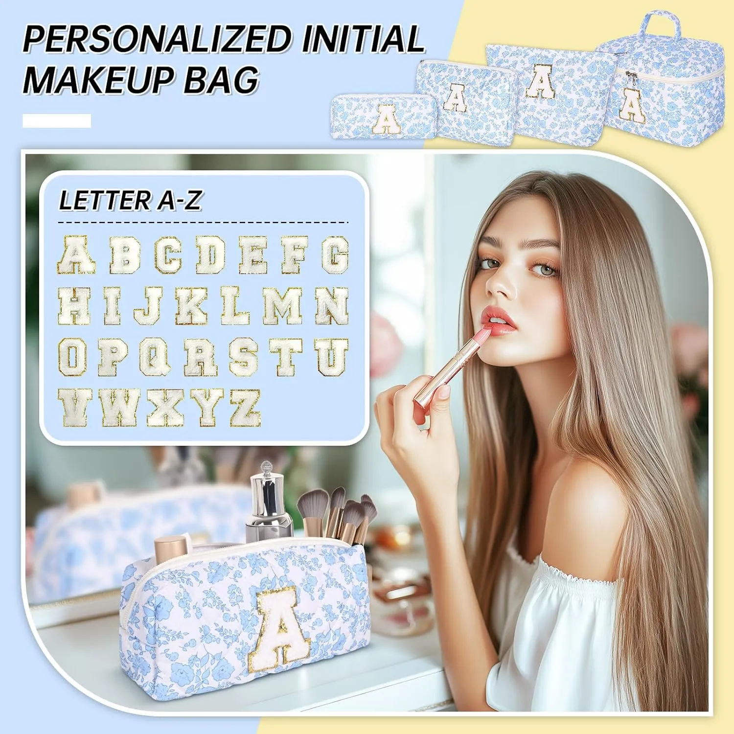 Makeup Bag, 4 Pcs Quilted Makeup Organizer Personalized Initial Gifts for Women Floral Make up Bag Cosmetic Bags Set Travel Toiletry Bag for Girlfriend Teen Girl Gifts Travel Essentials (Blue A)