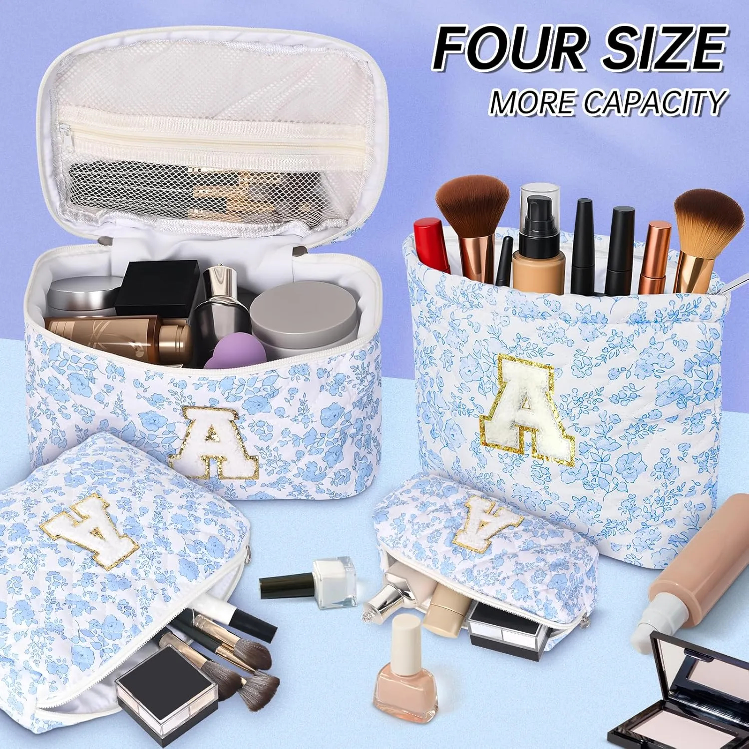 Makeup Bag, 4 Pcs Quilted Makeup Organizer Personalized Initial Gifts for Women Floral Make up Bag Cosmetic Bags Set Travel Toiletry Bag for Girlfriend Teen Girl Gifts Travel Essentials (Blue A)