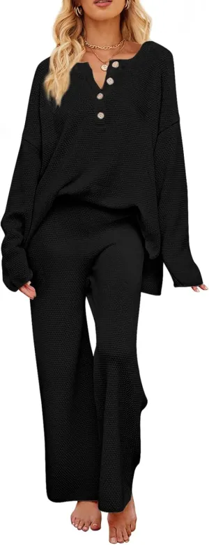 MEROKEETY Women's 2 Piece Outfit Sets Long Sleeve Button Knit Pullover Sweater and Pants Lounge Sets