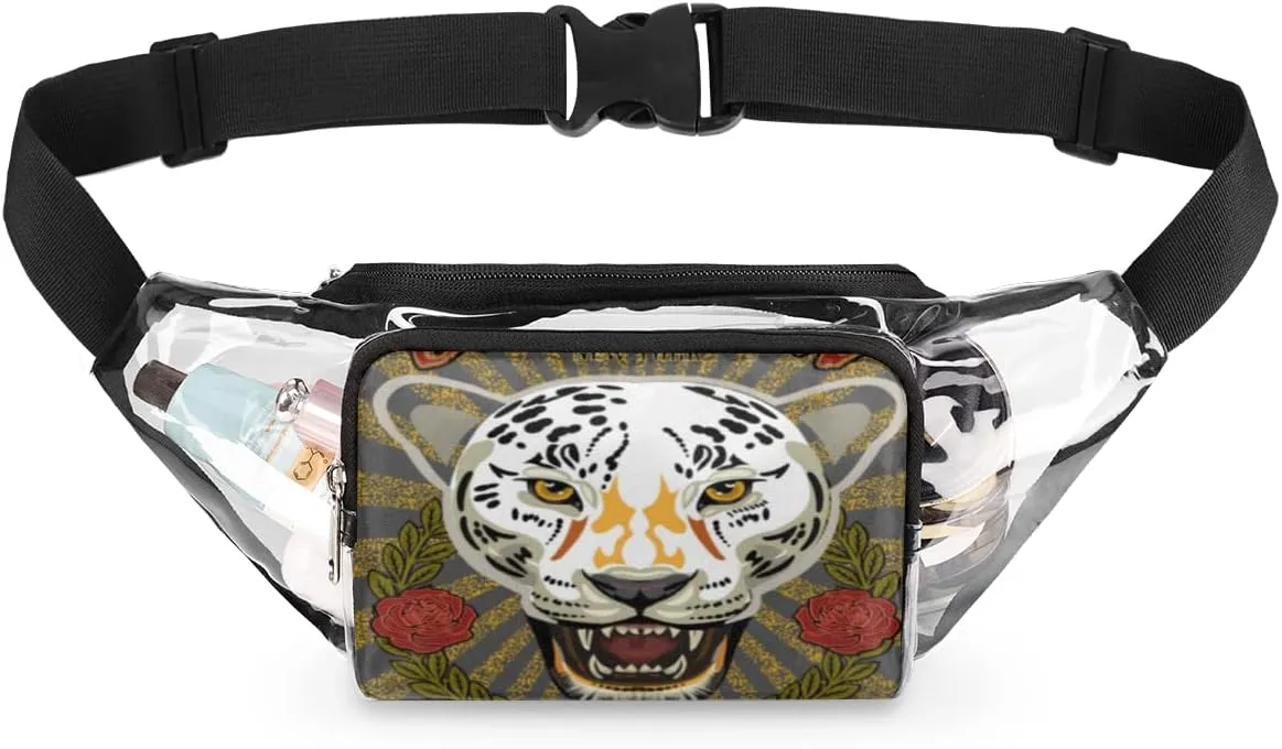 Mighty Leopard Clear Fanny Pack Stadium Approved Adjustable Clear Belt Bag Cute Waist Bags for Women Men Travel Sports Events Hiking Concerts