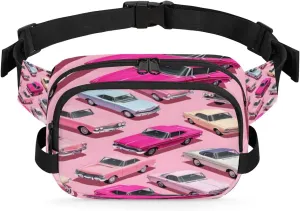 Nostalgic Pink Car Fanny Pack Crossbody Bags for Women Men Waist Packs Hip Bum Bag Cross Body Fanny Pack with Adjustable Strap for Running Hiking Travel
