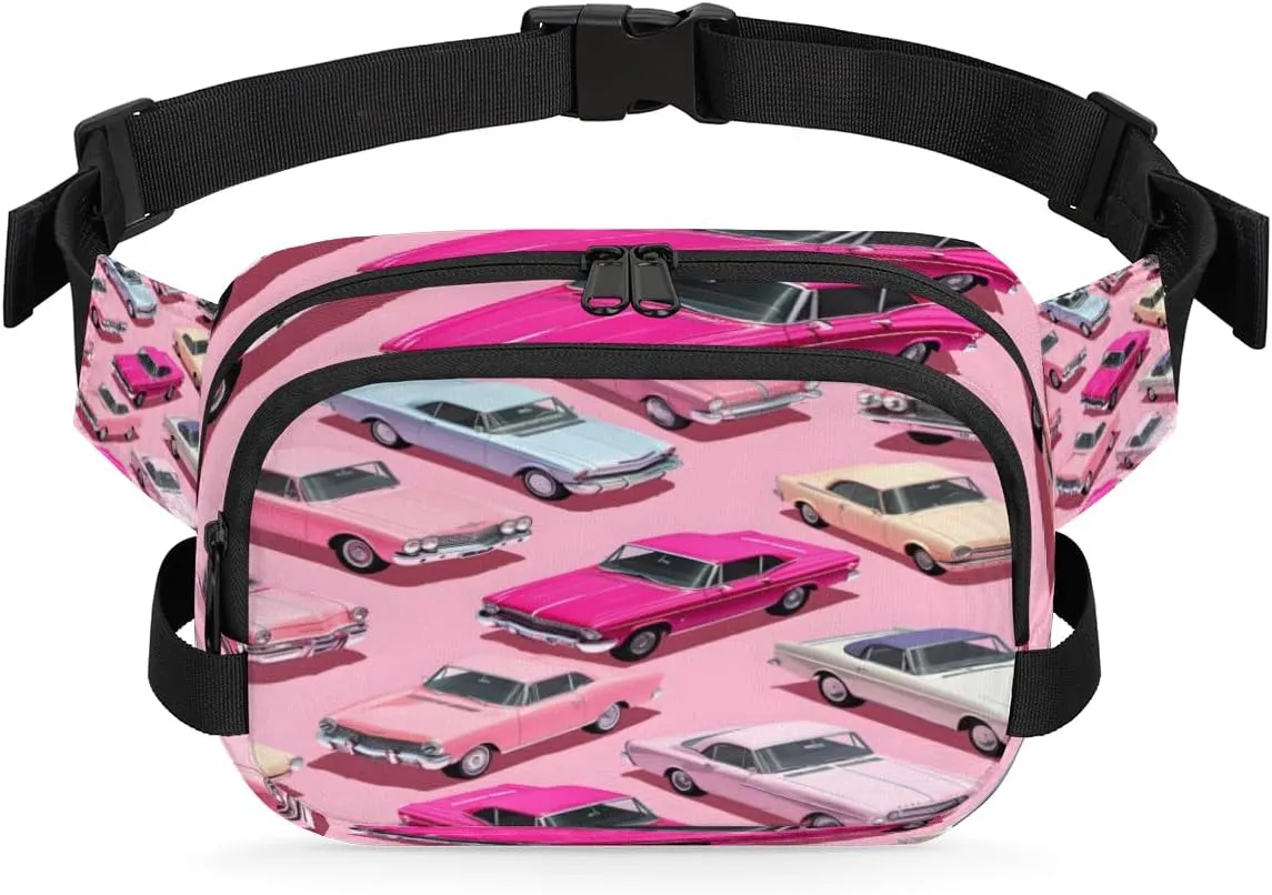 Nostalgic Pink Car Fanny Pack Crossbody Bags for Women Men Waist Packs Hip Bum Bag Cross Body Fanny Pack with Adjustable Strap for Running Hiking Travel