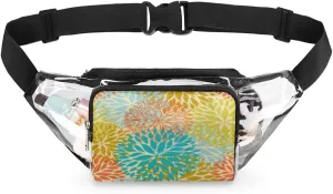 Orange Blue Flower Pattern Clear Fanny Pack Stadium Approved Adjustable Clear Belt Bag Cute Waist Bags for Women Men Travel Sports Events Hiking Concerts