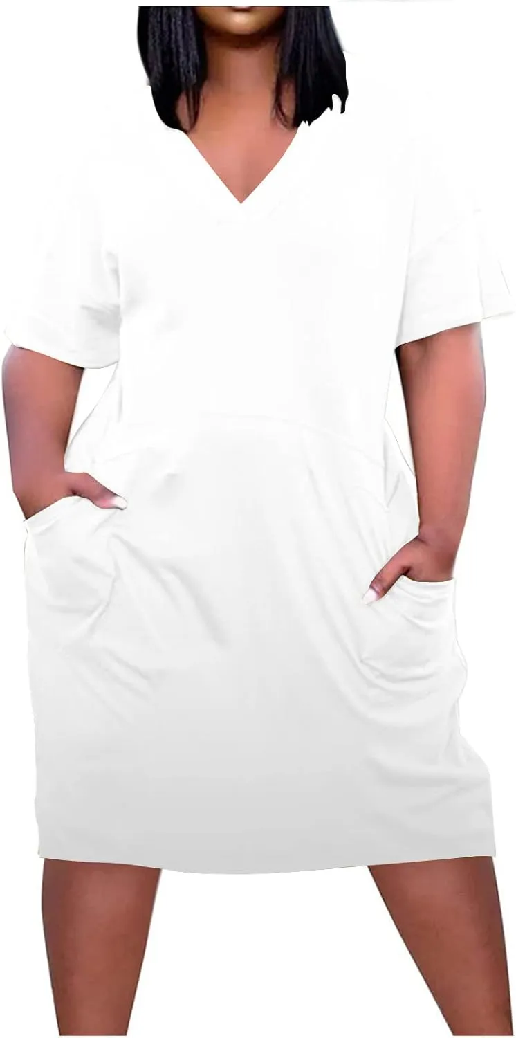 Plus Size Dresses for Curvy Womens 2024 Trendy Summer Casual V Neck Short Sleeve Daily Tshirt Midi Dress with Pocket