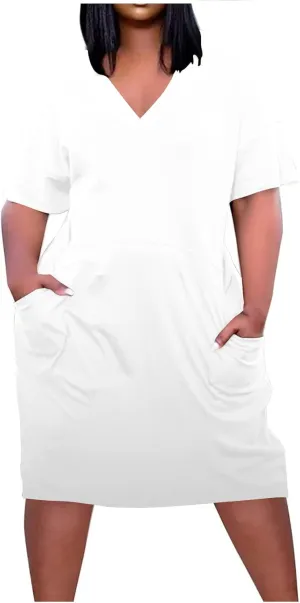 Plus Size Dresses for Curvy Womens 2024 Trendy Summer Casual V Neck Short Sleeve Daily Tshirt Midi Dress with Pocket
