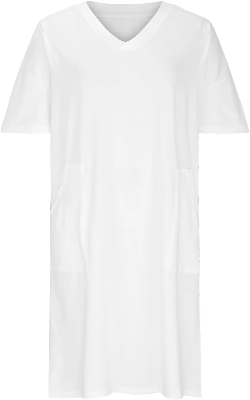 Plus Size Dresses for Curvy Womens 2024 Trendy Summer Casual V Neck Short Sleeve Daily Tshirt Midi Dress with Pocket
