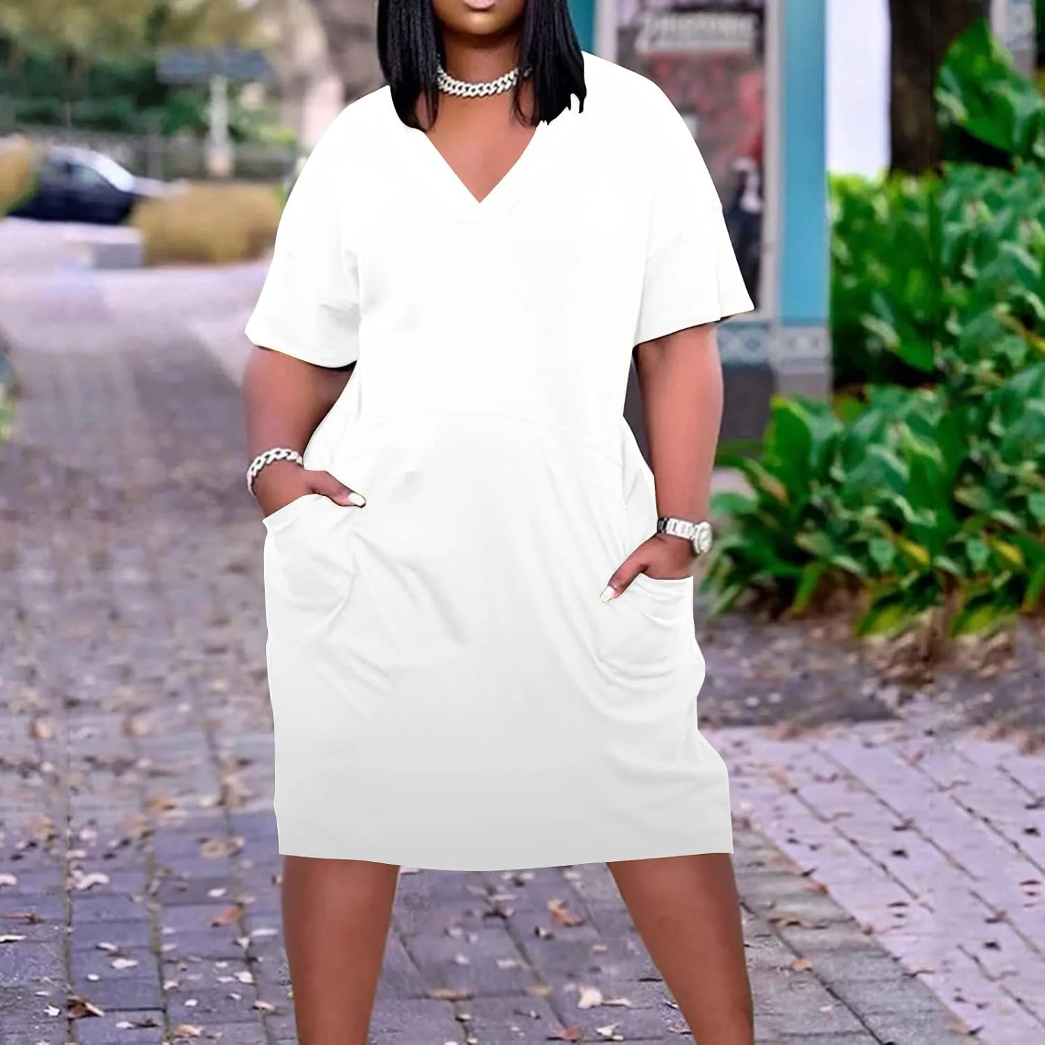 Plus Size Dresses for Curvy Womens 2024 Trendy Summer Casual V Neck Short Sleeve Daily Tshirt Midi Dress with Pocket