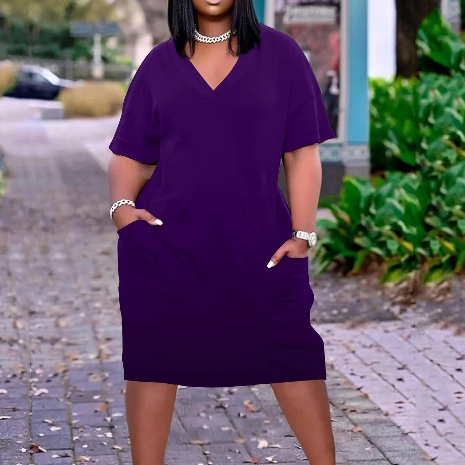 Plus Size Dresses for Curvy Womens 2024 Trendy Summer Casual V Neck Short Sleeve Daily Tshirt Midi Dress with Pocket
