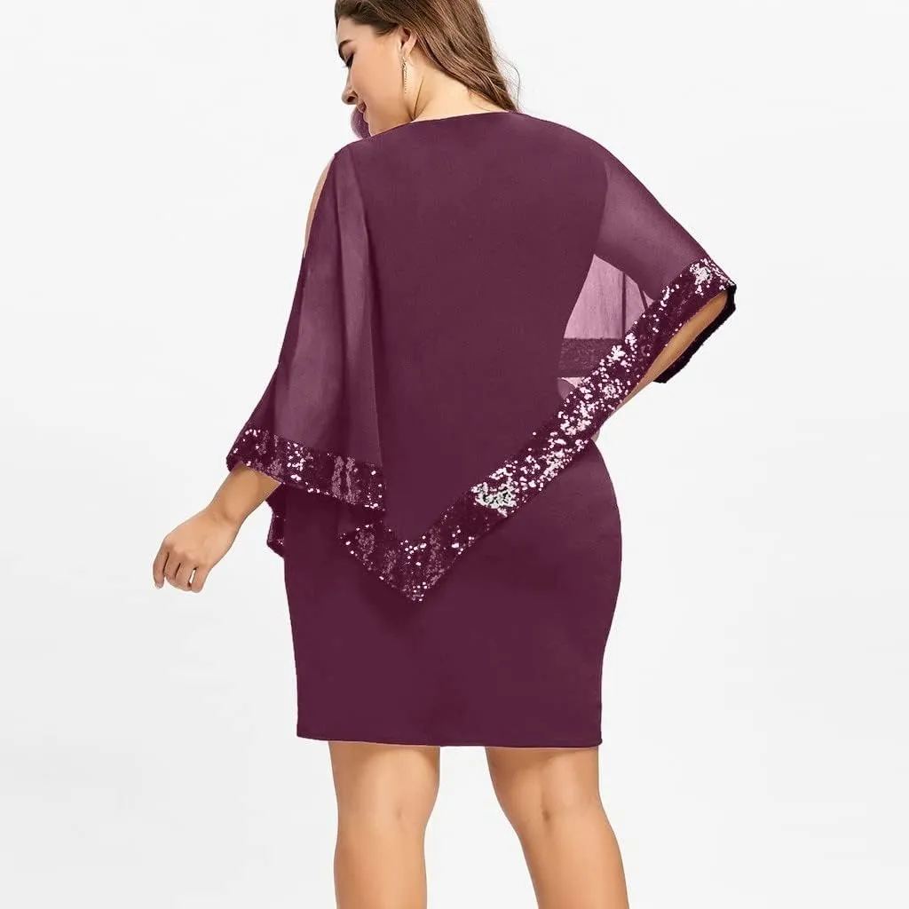 Plus Size Dresses for Women 2024 Trendy Cold Shoulder Chiffon Wedding Guest Dress Elegant Bodycon Midi Pencil Dress