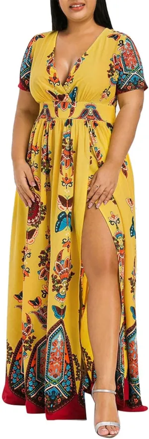 Plus Size Dresses for Womens 2024 Summer Trendy Floral Vintage Dresses Empire Waist High Slit Beach Elegant Sundress