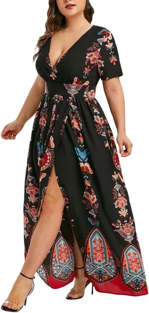 Plus Size Dresses for Womens 2024 Summer Trendy Floral Vintage Dresses Empire Waist High Slit Beach Elegant Sundress