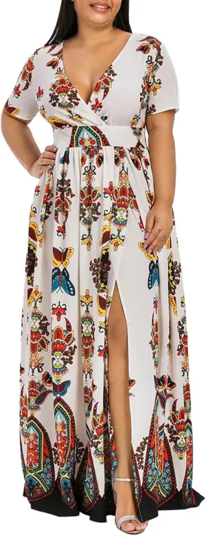 Plus Size Dresses for Womens 2024 Summer Trendy Floral Vintage Dresses Empire Waist High Slit Beach Elegant Sundress