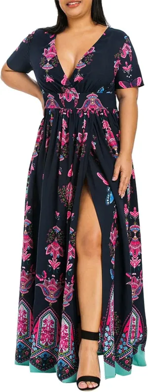 Plus Size Dresses for Womens 2024 Summer Trendy Floral Vintage Dresses Empire Waist High Slit Beach Elegant Sundress