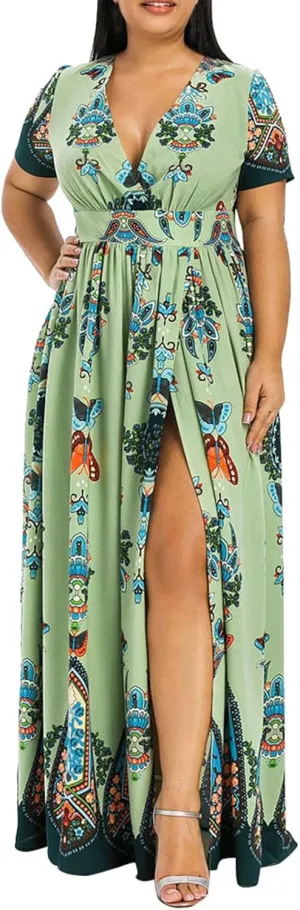 Plus Size Dresses for Womens 2024 Summer Trendy Floral Vintage Dresses Empire Waist High Slit Beach Elegant Sundress