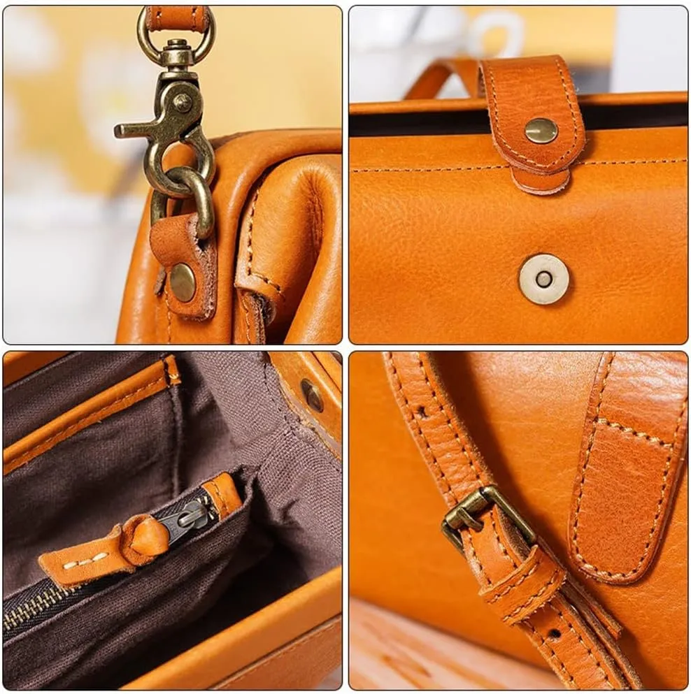 Premium Leather Retro Handmade Doctor Bag,Dr bag - retro handmade bag,Crossbody Unique Opening Small Vintage Phone Purse Handbags for Women (Coffee)