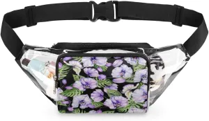 Purple Blooms Flower Clear Fanny Pack Stadium Approved Adjustable Clear Belt Bag Cute Waist Bags for Women Men Travel Sports Events Hiking Concerts