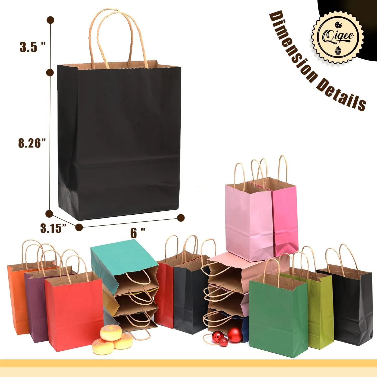qiqee 32-Packs Paper Bags with Handles Bulk 8.26"6"3.15" Small Gift Bags 16 Different Senior Color Bags Multiple UsesSmall Size