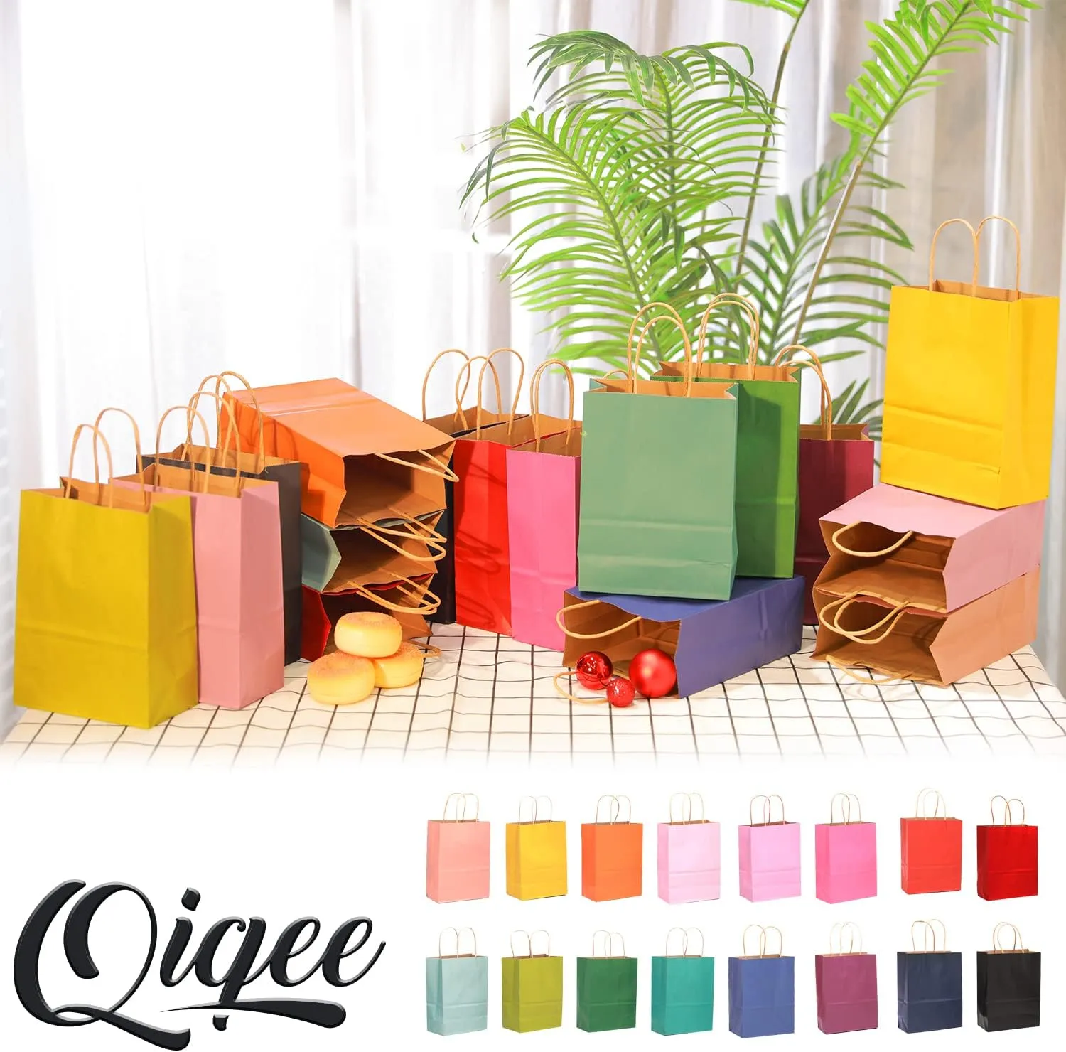 qiqee 32-Packs Paper Bags with Handles Bulk 8.26"6"3.15" Small Gift Bags 16 Different Senior Color Bags Multiple UsesSmall Size