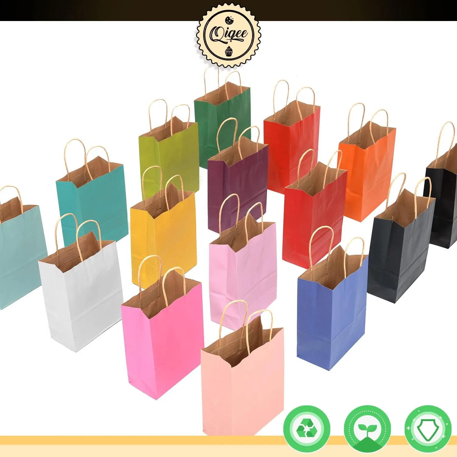 qiqee 32-Packs Paper Bags with Handles Bulk 8.26"6"3.15" Small Gift Bags 16 Different Senior Color Bags Multiple UsesSmall Size