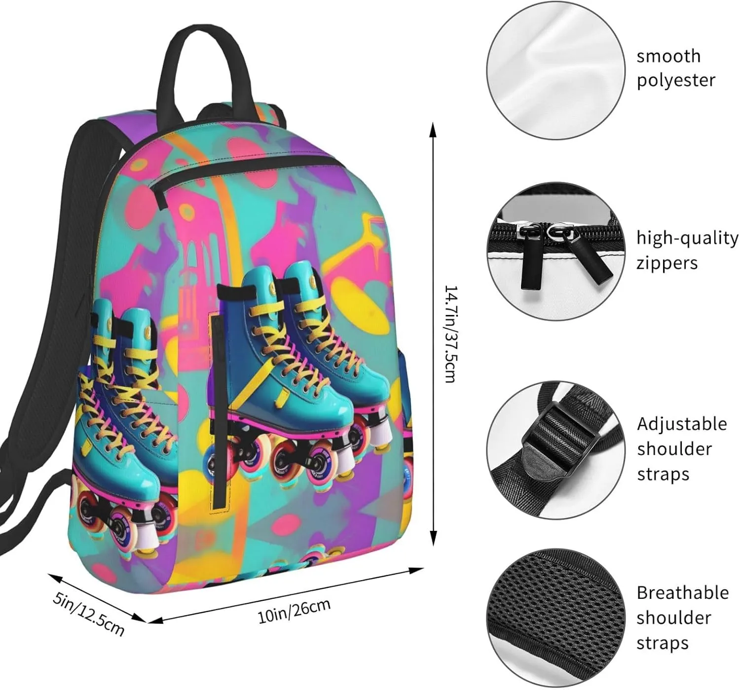 Retro Colorful Roller Skates Print Lightweight Backpack, Travel Bookbag College Bag,Laptop Backpack For Men Women