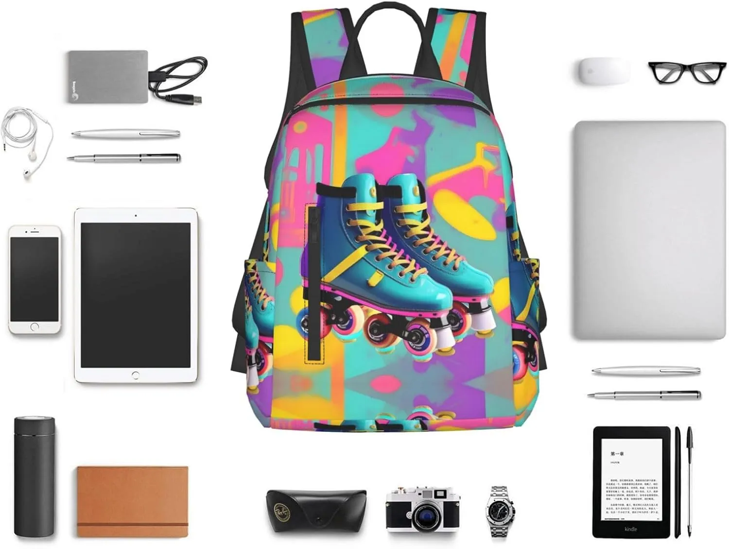Retro Colorful Roller Skates Print Lightweight Backpack, Travel Bookbag College Bag,Laptop Backpack For Men Women