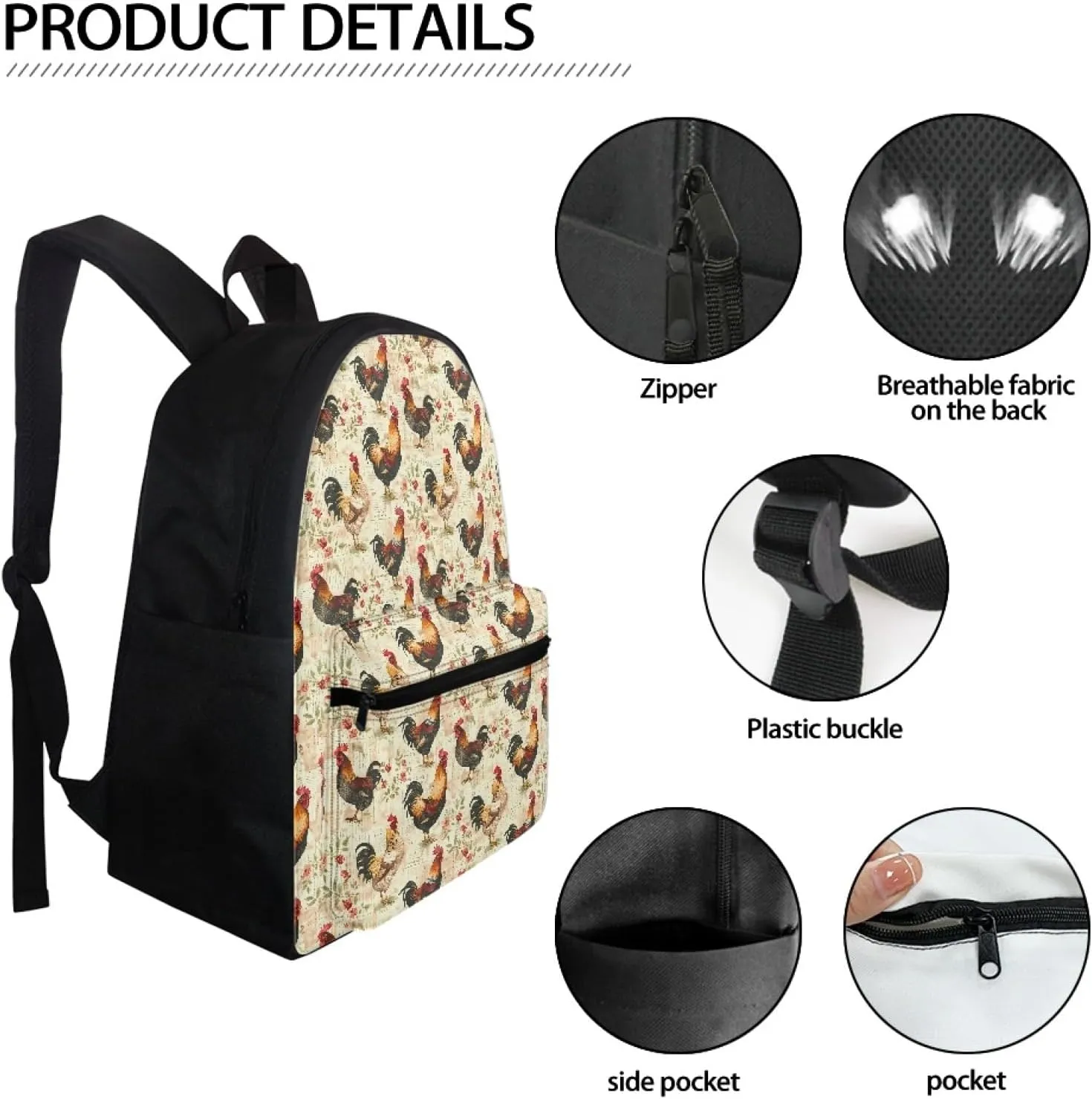 Rooster Travel Laptop Backpack for Teens Cool Elementary Bookbag Animal Print Kids Backpack Boys Middle School Durable Shoulder Backpack