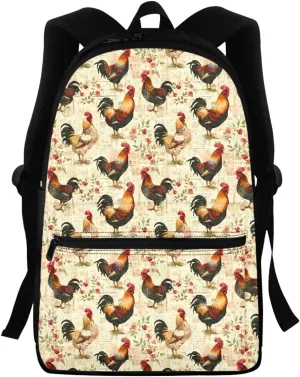 Rooster Travel Laptop Backpack for Teens Cool Elementary Bookbag Animal Print Kids Backpack Boys Middle School Durable Shoulder Backpack